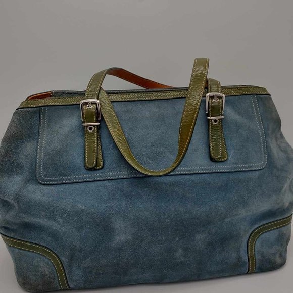 COACH Ltd. Ed. Hamptons Blue Suede w/green patent handles tote - Picture 2 of 9